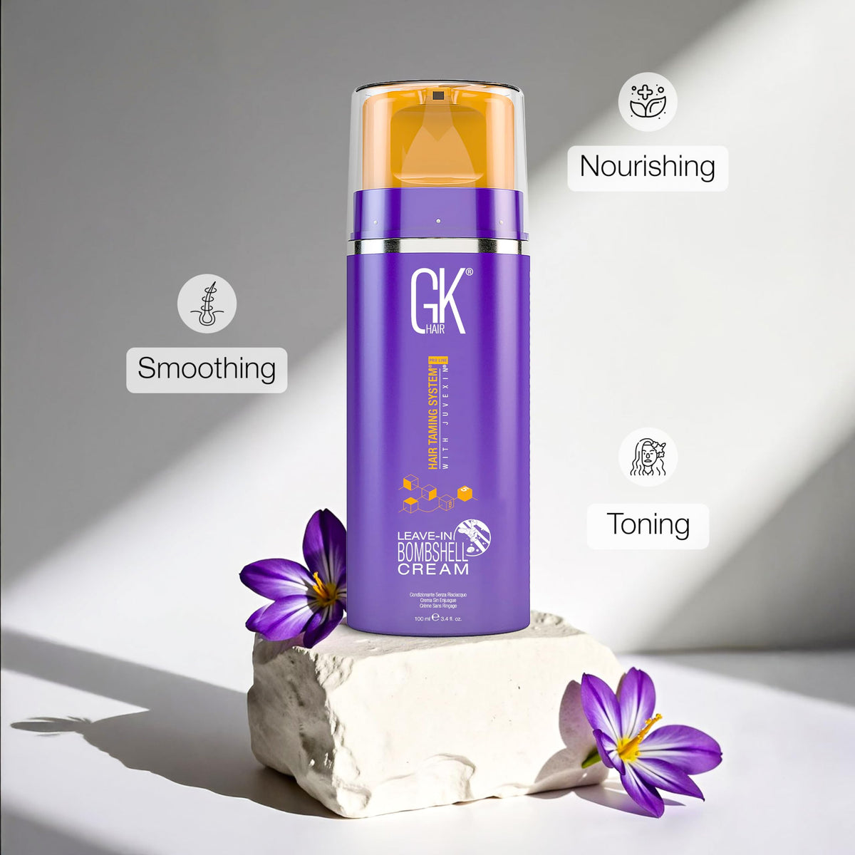 GK HAIR Leave-In Bombshell Cream dispense illustrates easy, mess-free application.