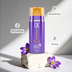 GK HAIR Leave-In Bombshell Cream dispense illustrates easy, mess-free application.