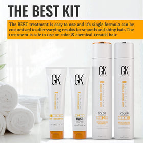 GK HAIR packaging and care kit promotes moisture and shine.