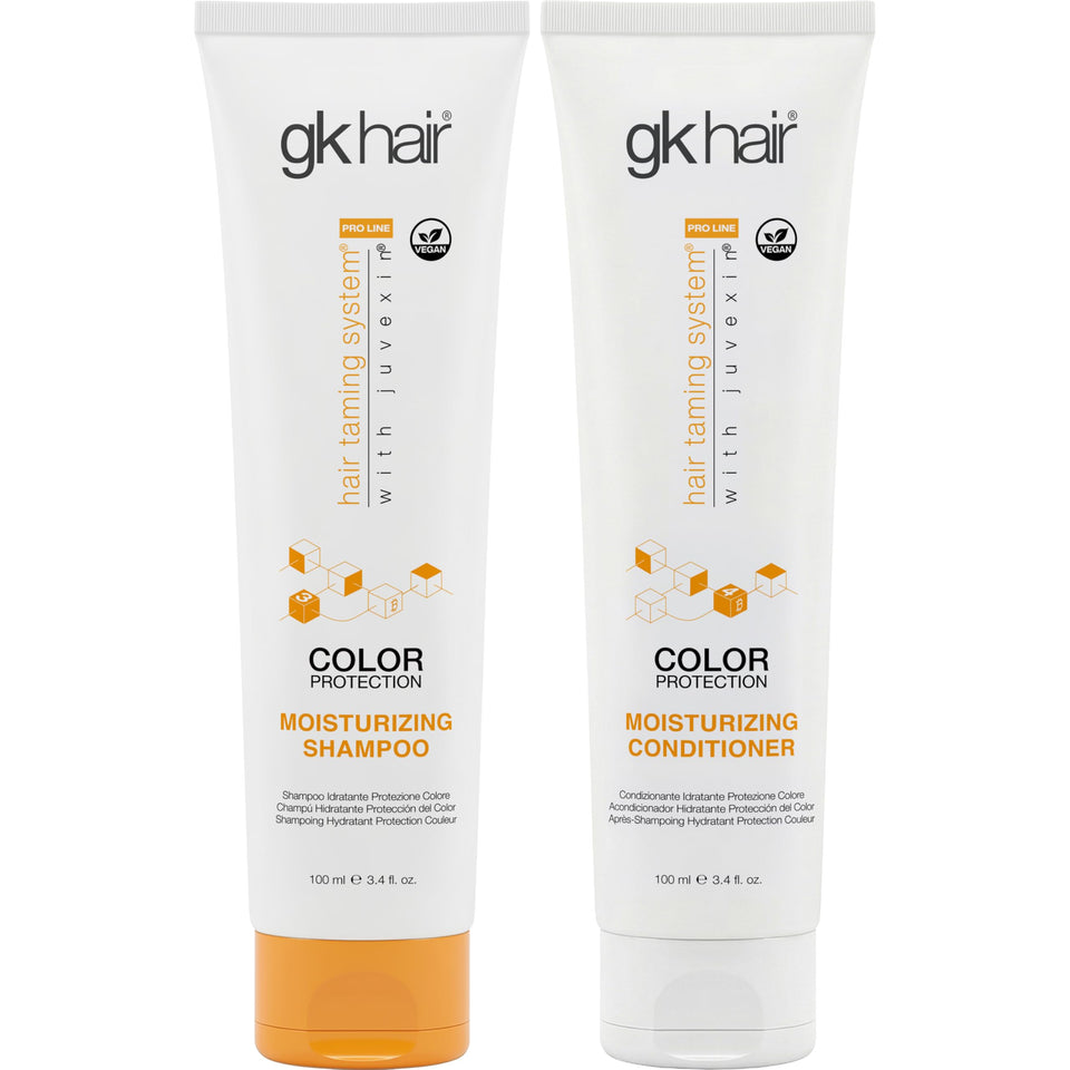 GK HAIR travel size shampoo bottle promotes color protection for vibrant curls.