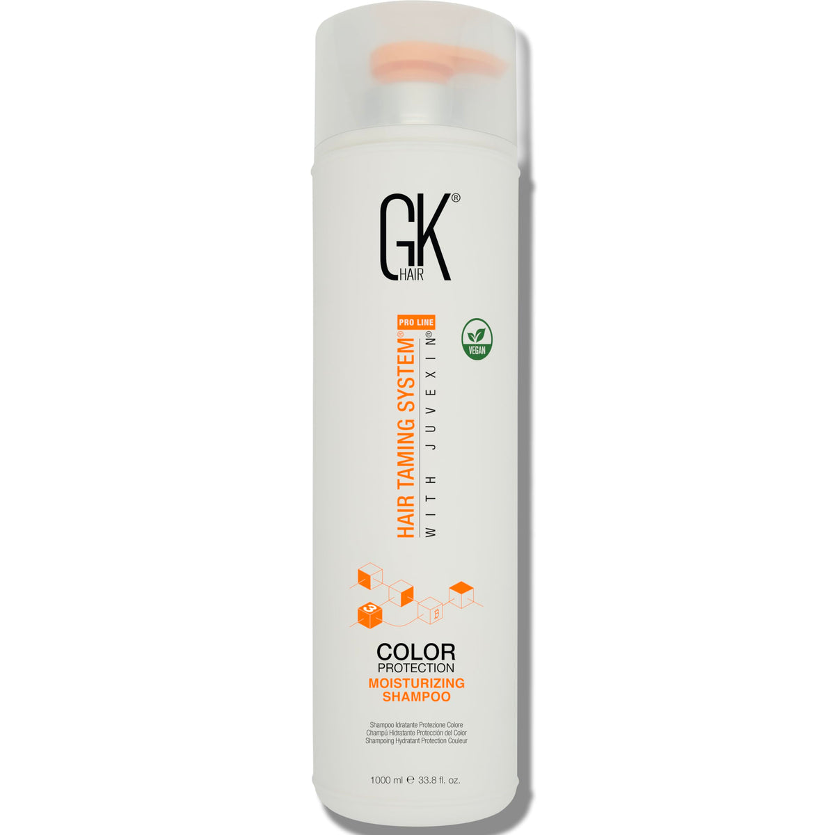 GK HAIR Vegan Color-Treated Moisturizing Shampoo bottle pouring highlights color protection.
