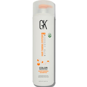 GK HAIR Vegan Color-Treated Moisturizing Shampoo bottle pouring highlights color protection.