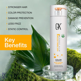 GK HAIR color-treated shampoo on shelf highlighting color protection.