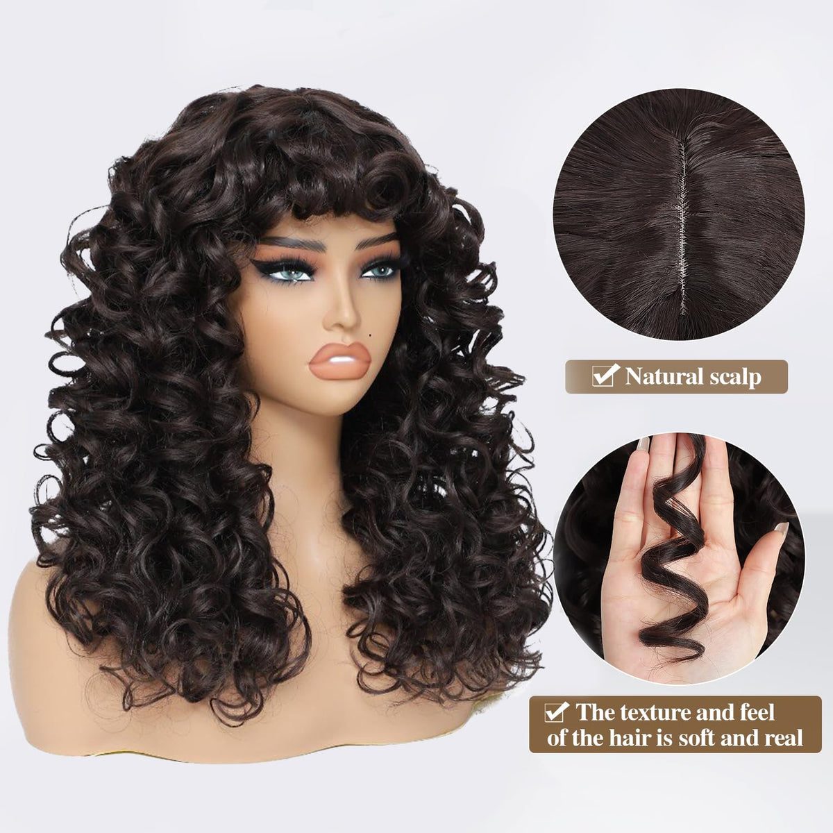 GKtineke curly wig with bangs on adjustable cap for comfortable wear