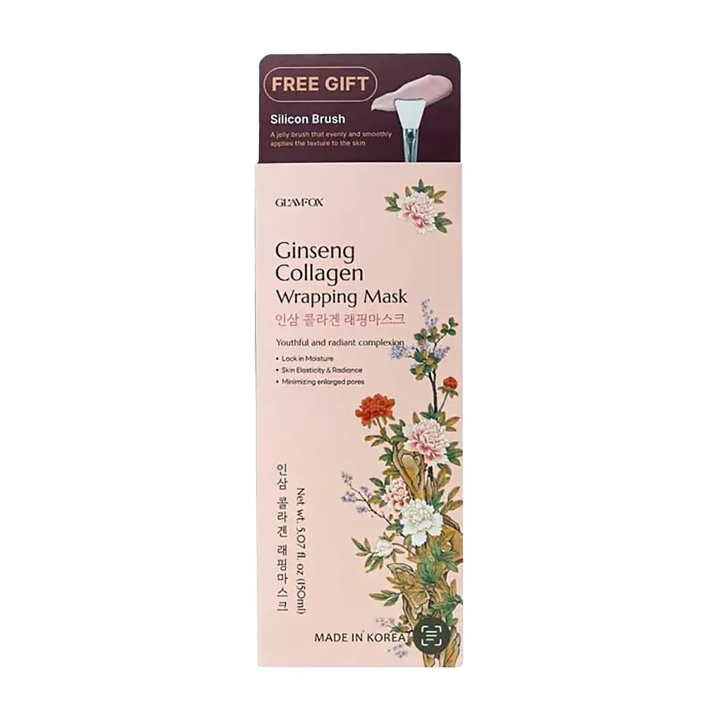 Glamfox Ginseng Collagen Wrapping Mask bottle promoting radiant, hydrated skin
