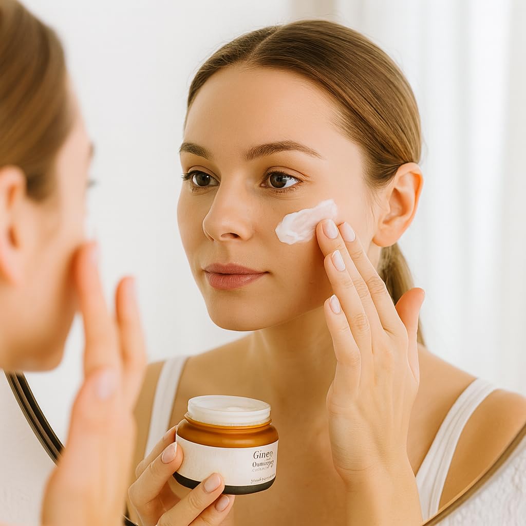 Glamfox peptide cream bottle in use, delivering nourishing application and radiant skin.