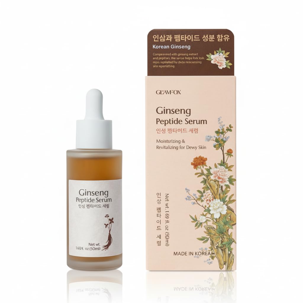Glamfox Ginseng Peptide Serum bottle on a clean surface for lasting hydration
