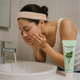 Glamfox Moisture Aloe Vera Cleansing Foam bubbles illustrate a brightening, refreshing wash.