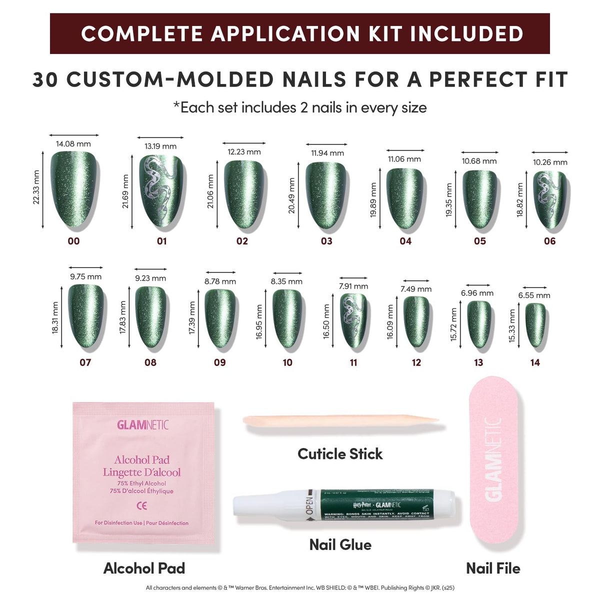 Glamnetic 30-nail kit includes 15 sizes, glue, file, and tools for a precise fit.