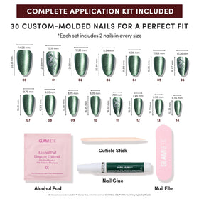 Glamnetic 30-nail kit includes 15 sizes, glue, file, and tools for a precise fit.