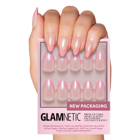 Glamnetic Bubble Gum Glaze nails with almond tips for a glossy glaze finish.