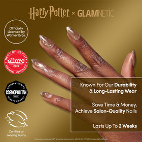 Glamnetic Golden Cup closeup on gold-foil detail enhancing luxury look.