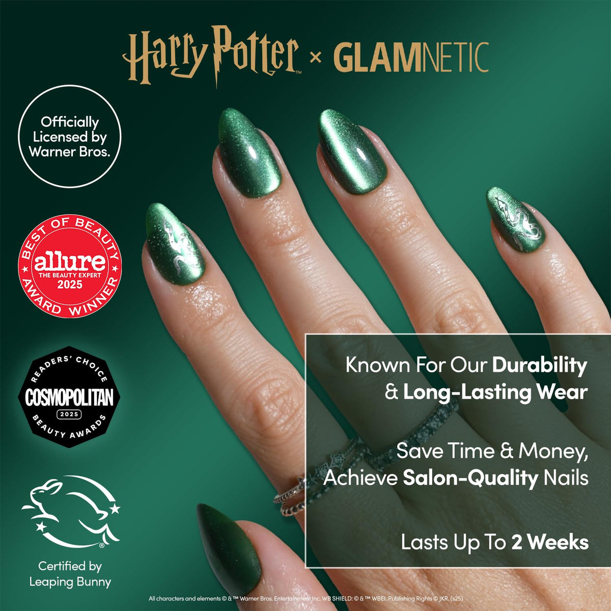 Glamnetic Harry Potter collab serpent foil nails add luxe accent to outfits.