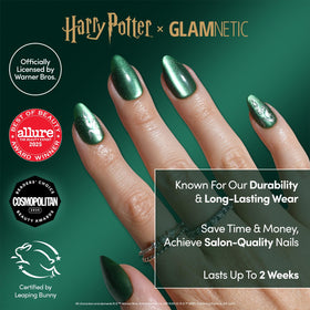 Glamnetic Harry Potter collab serpent foil nails add luxe accent to outfits.
