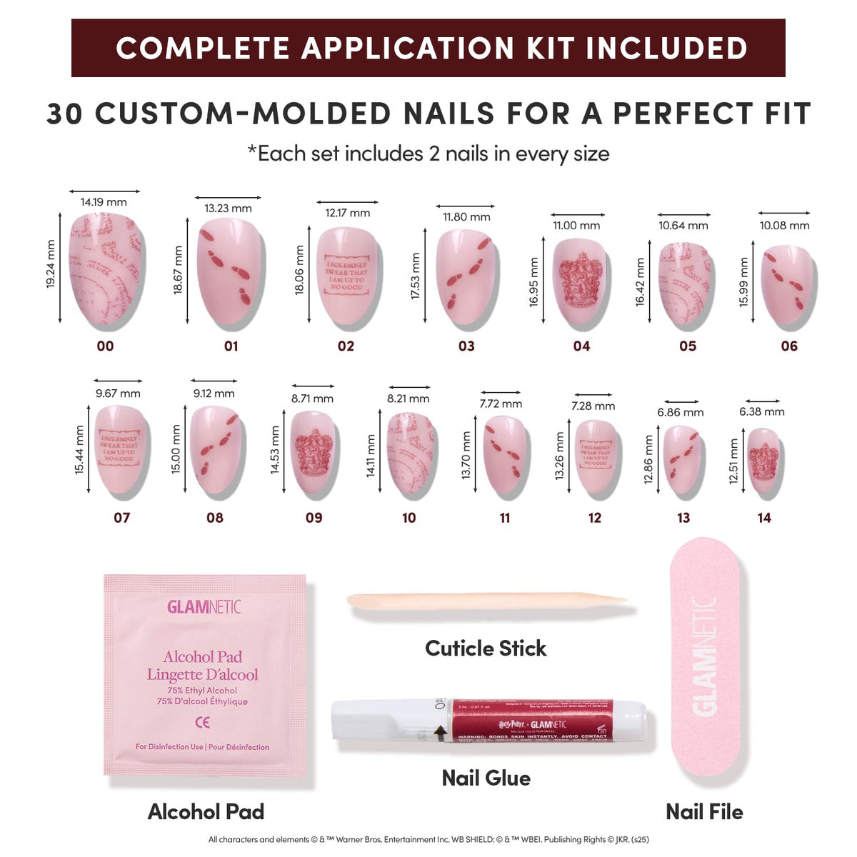 Glamnetic nail kit includes 30 nails in 15 sizes for precise fit.