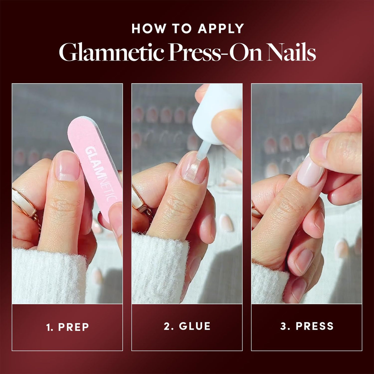 Glamnetic 30-nail kit includes storage box, glue, file, cuticle stick, and pad.