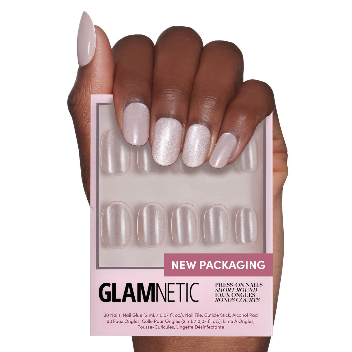 Glamnetic Pure Intentions iridescent nails with a glossy finish for a seamless natural look