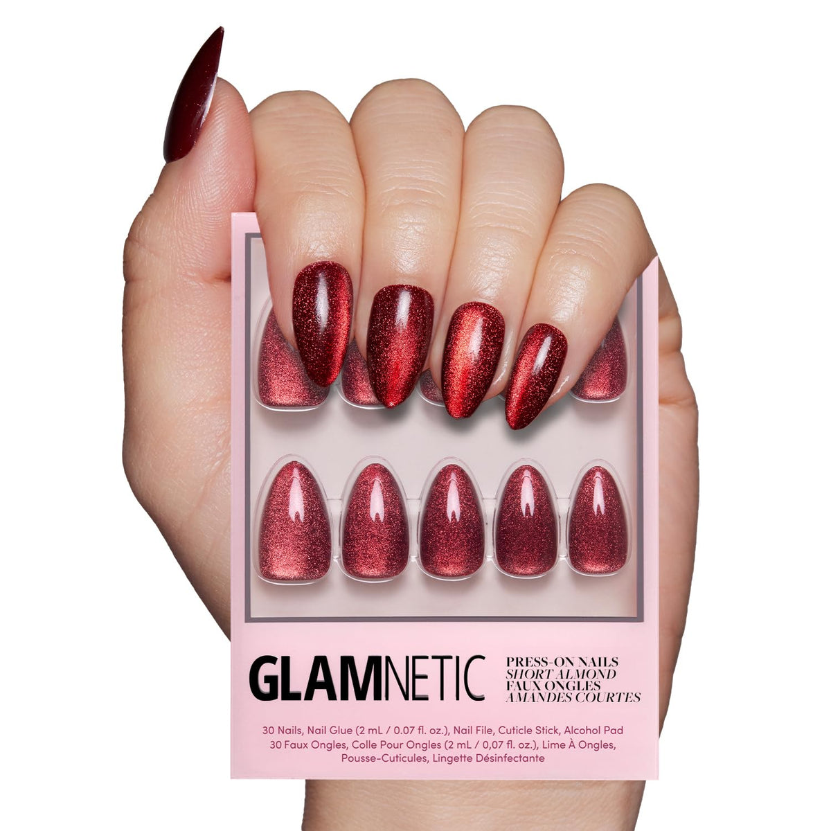 Glamnetic Ruby Slipper nails closeup showcasing velvet red sparkle for a bold long-lasting look