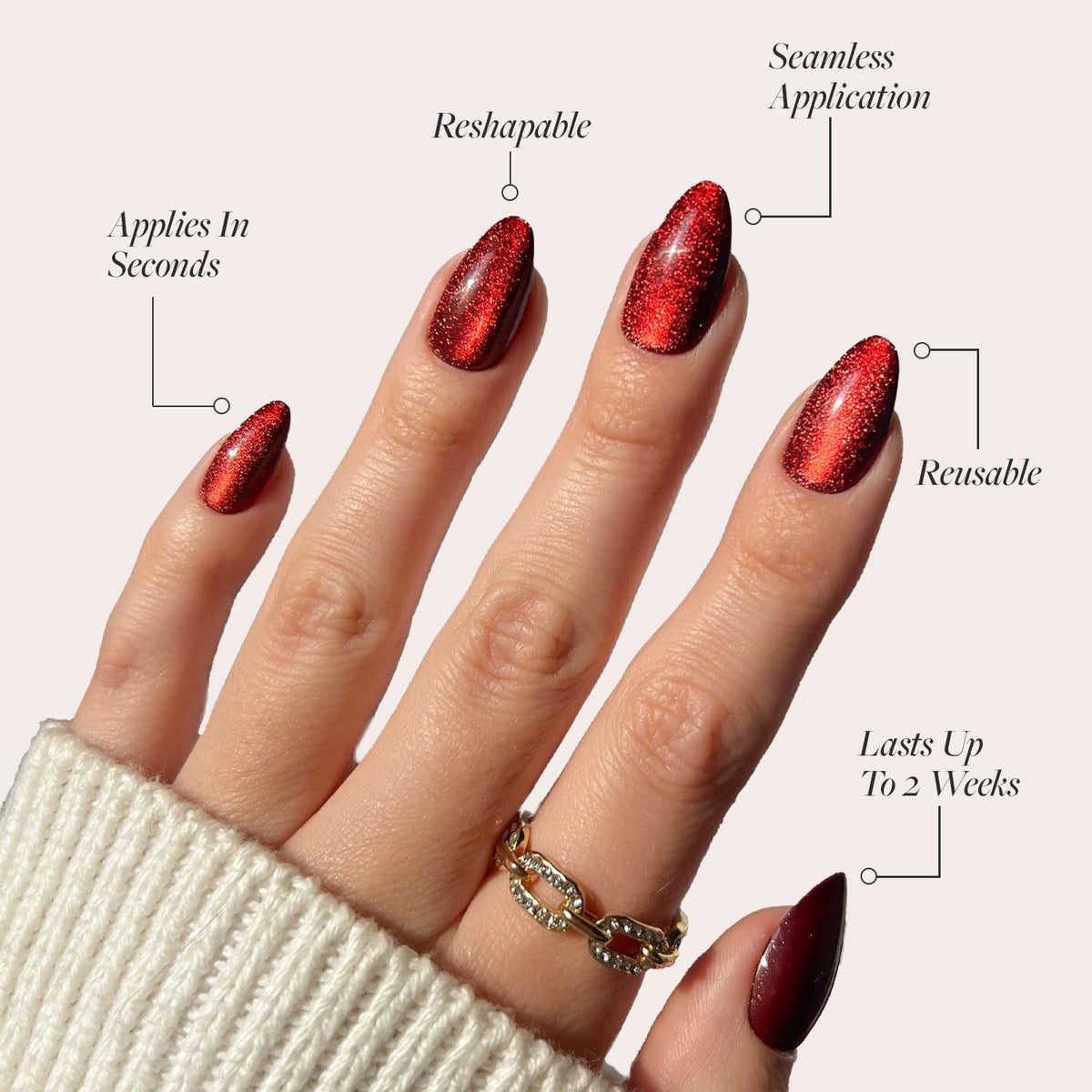 Glamnetic Ruby Slipper nails short almond tips with easy trim for a custom fit