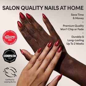 Glamnetic Ruby Slipper velvet finish on short almond nails for quick weekday glamour