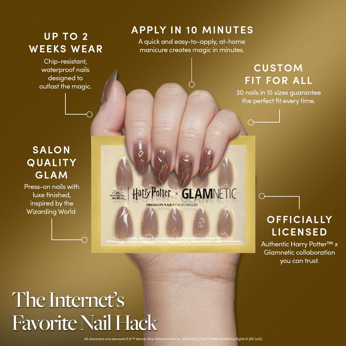 Glamnetic semi-transparent brown almond nails ready for everyday wear.