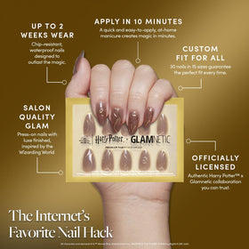 Glamnetic semi-transparent brown almond nails ready for everyday wear.