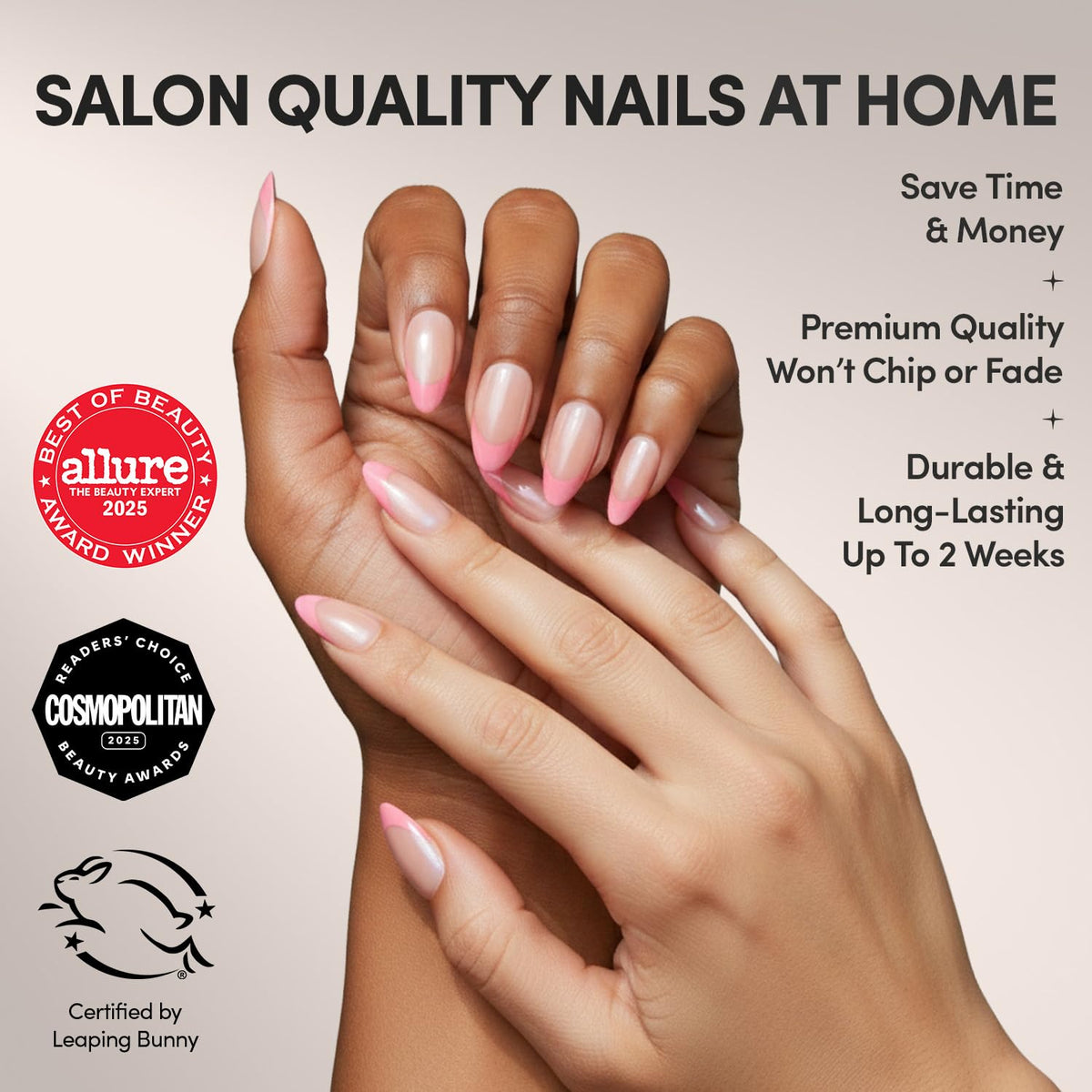 Glamnetic short almond pink tips ready for quick fashion-forward looks.