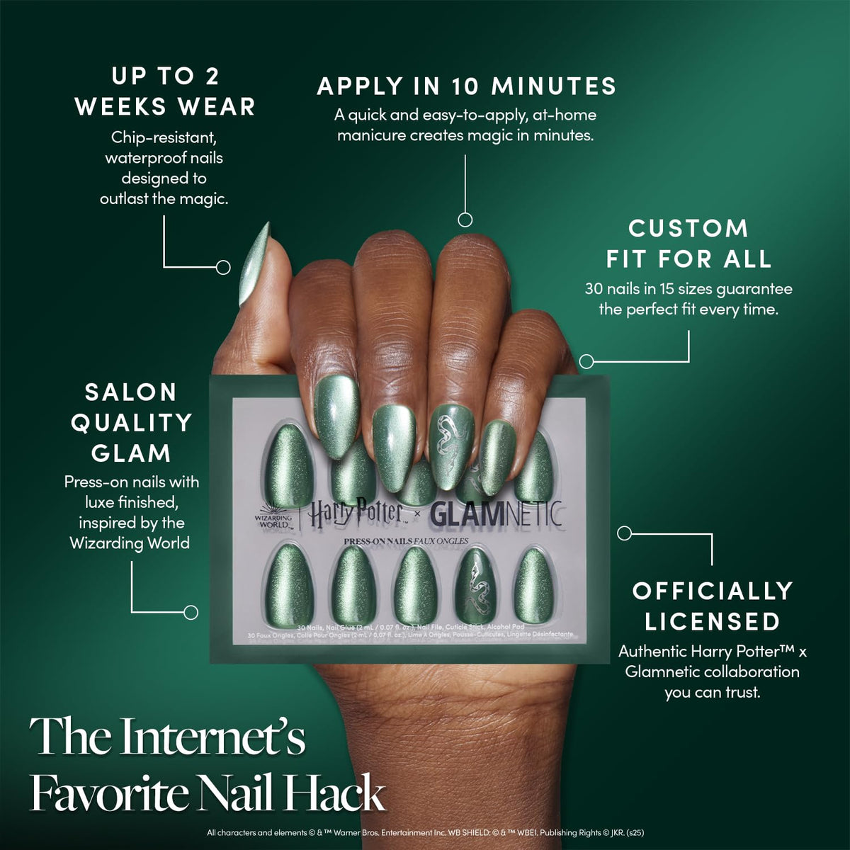Glamnetic short almond nails with emerald velvet finish and serpent motif.