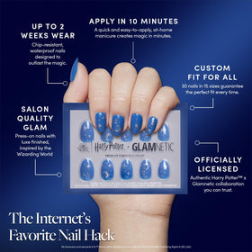 Glamnetic short oval nails in glossy blue finish for everyday wear.