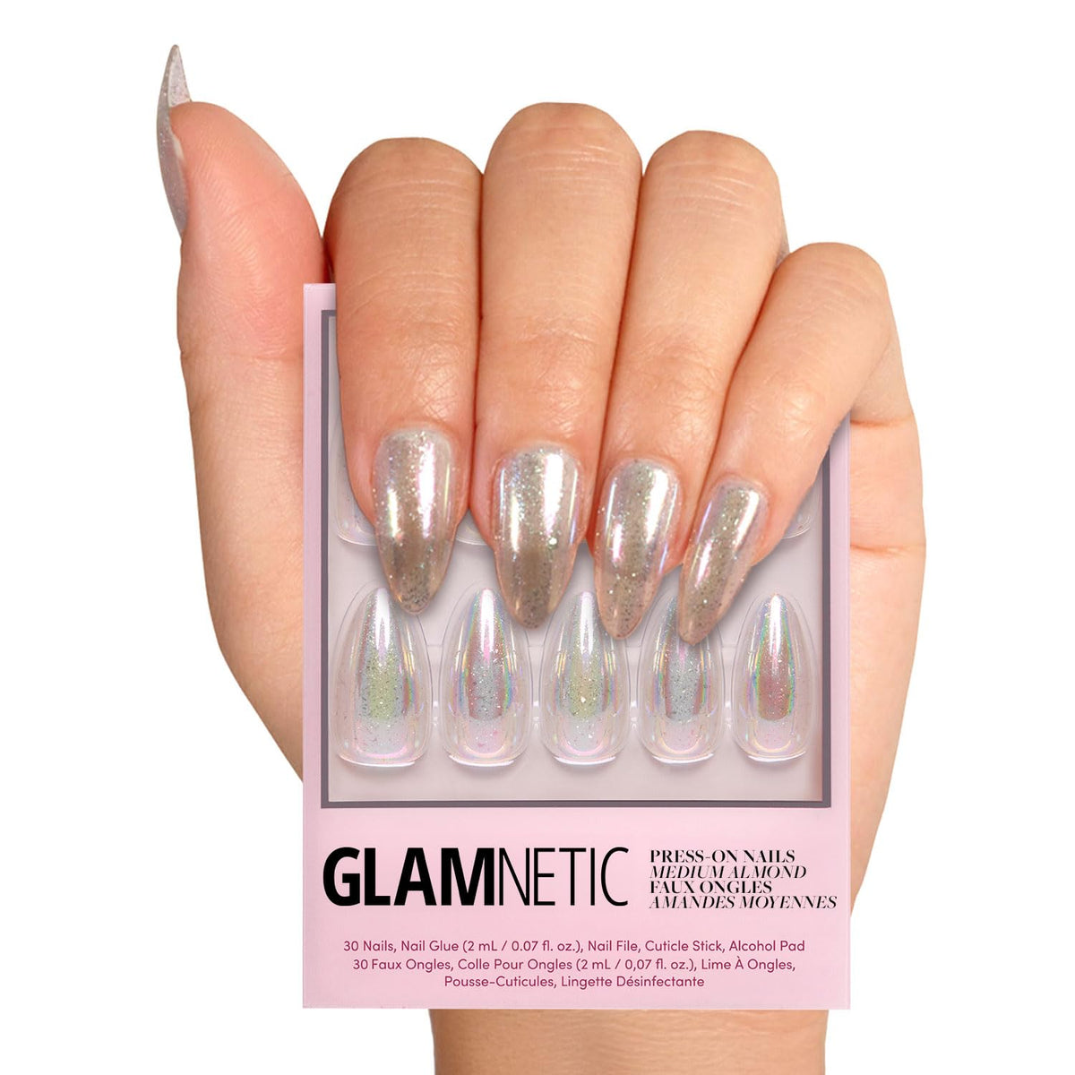 Glamnetic Stardust nails with holographic finish for an iridescent look.