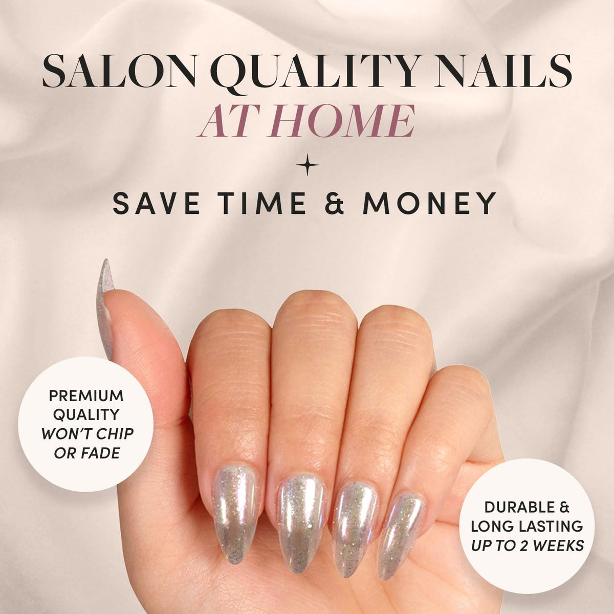 Glamnetic Stardust medium pointed almond nails on display for a chic daily look.