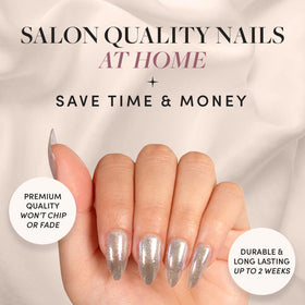 Glamnetic Stardust medium pointed almond nails on display for a chic daily look.