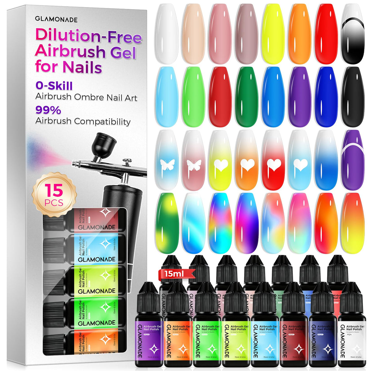 Glamonade airbrush gel nail polish kit box shows 15 colors for at-home nail art