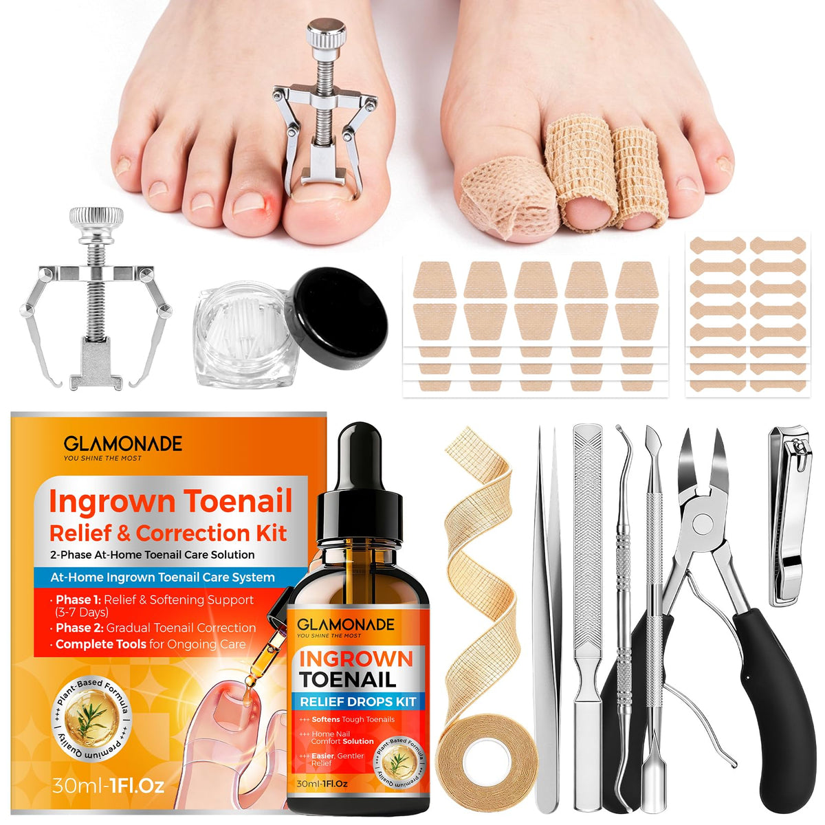 Glamonade ingrown toenail removal kit contents for at-home care.