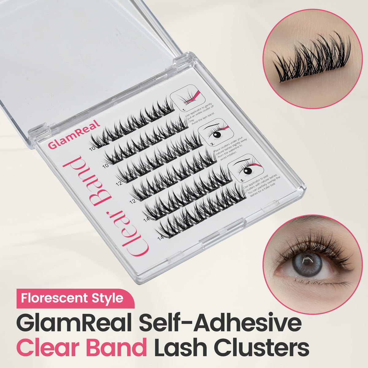 GlamReal glueless lash clusters with an invisible band for seamless look.