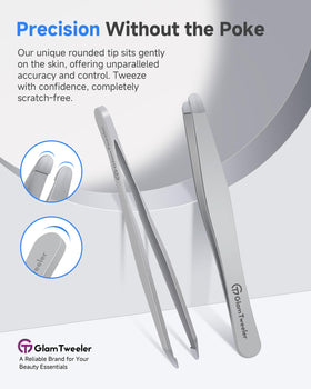 GlamTweeler comfort spring design reduces pressure for pain-free tweezing around sensitive areas.
