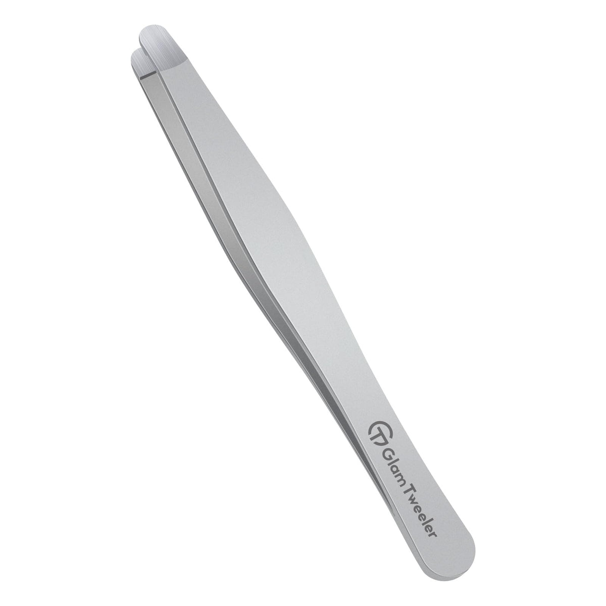 GlamTweeler premium tweezers with rounded tip close-up for gentle hair removal on the brow line.