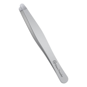 GlamTweeler premium tweezers with rounded tip close-up for gentle hair removal on the brow line.
