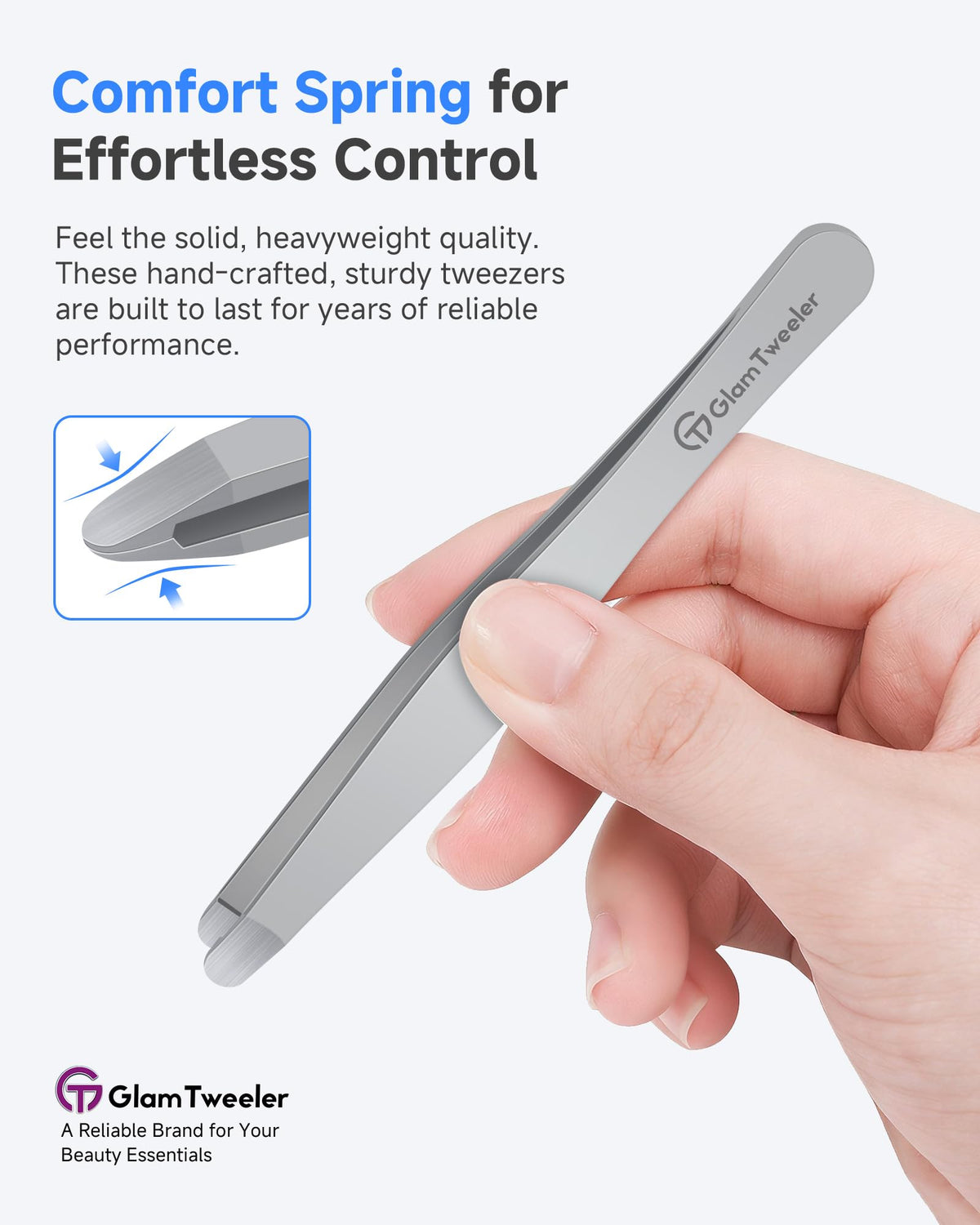 GlamTweeler textured rounded tip grips fine hairs securely during precise brow shaping.