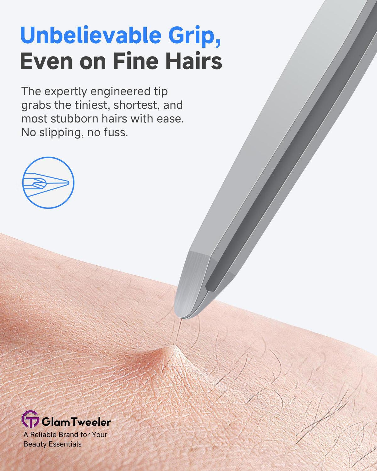 GlamTweeler thick stainless steel body provides durable grip and long-lasting performance.