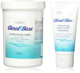 Glaxal Base Moisturizing Cream pack 450g and 50g travel-size for daily hydration.