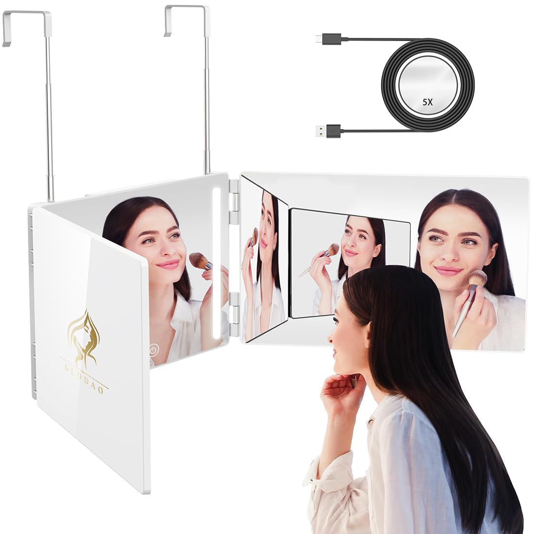 GLDDAO LED 3-Way Mirror back view for precise back-of-head styling with lighting