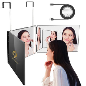 GLDDAO three-way mirror with LED main panel for precise makeup and hair styling.