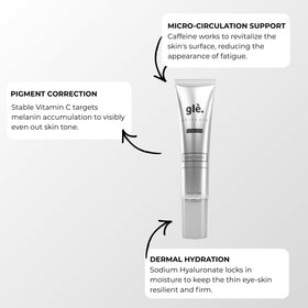 Gle Skincare Vitamin C Eye Serum before-after card hints at brighter under-eye appearance.