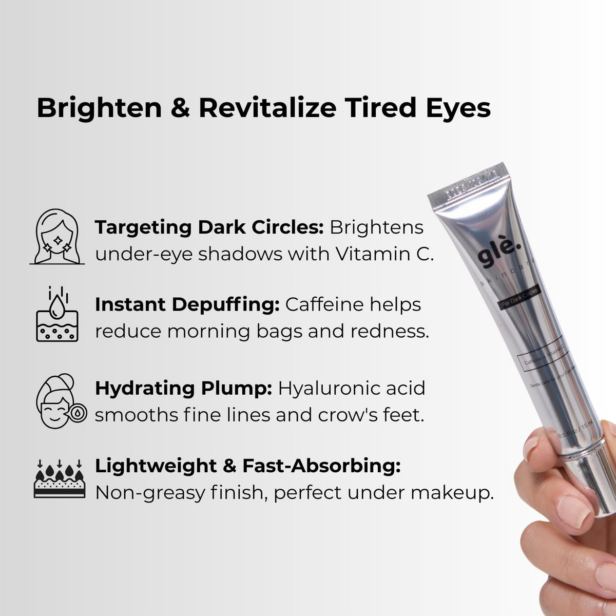 Gle Skincare Vitamin C Eye Serum dispense tip emphasizes easy application and hydration.