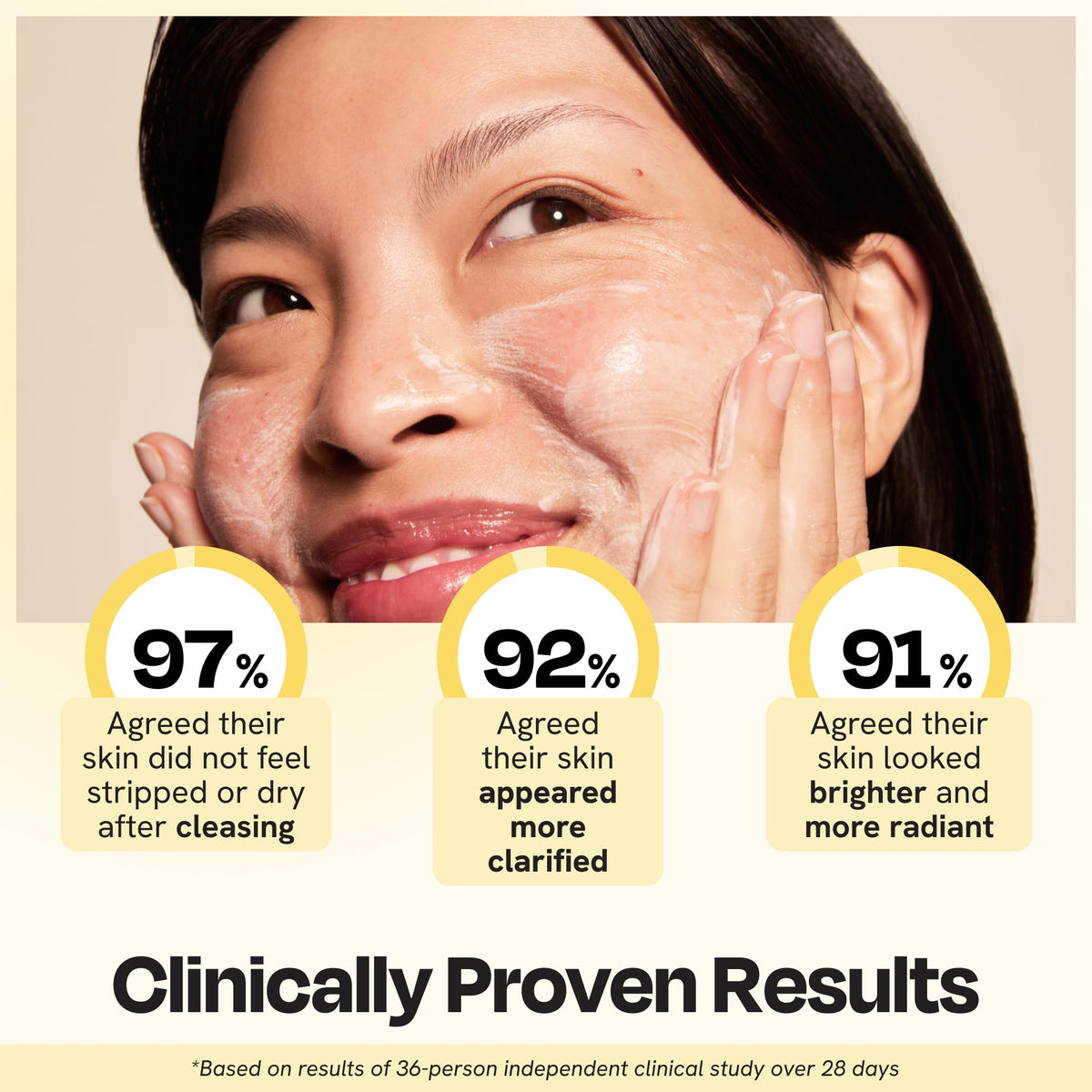 Brightening botanicals imagery on Gleamin cleanser packaging for even-looking skin.