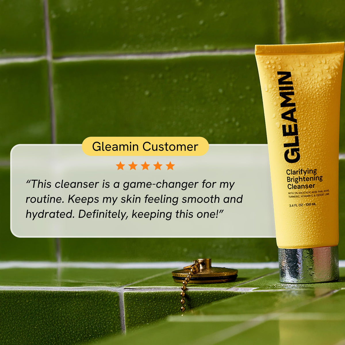 After use glow and balanced texture suggested by Gleamin cleanser image.