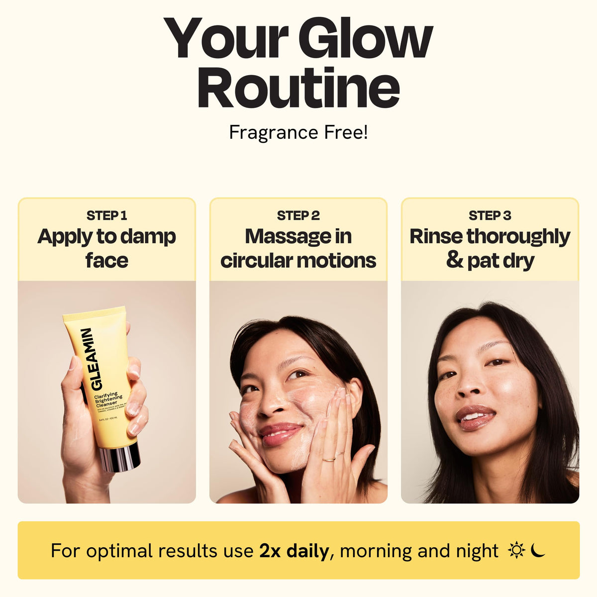 Morning and night routine with Gleamin cleanser, showing consistent use.