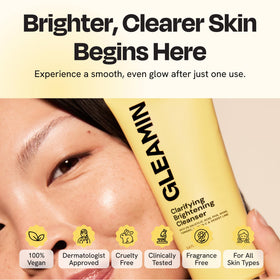 Vegan and cruelty-free Gleamin cleanser badge beside the bottle.