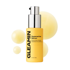 Gleamin Superactive Serum bottle closeup showing premium packaging for radiant skin